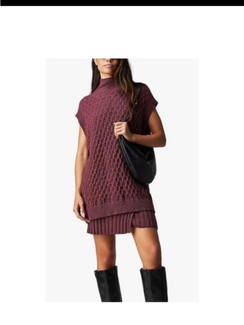 Free People Rosemary Knit Top Medium Plum Purple Mock Neck Cable Knit Sleeveless